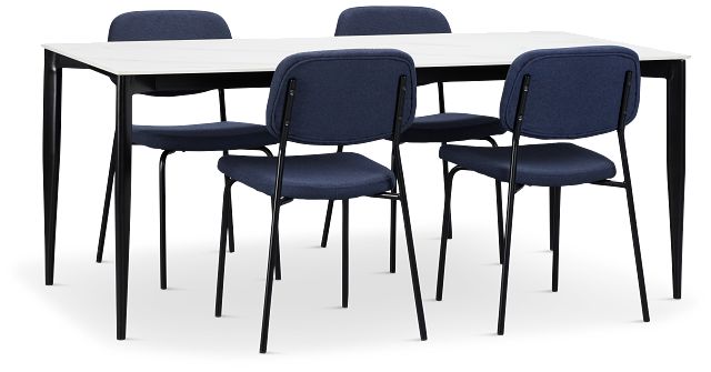 Andover White Rect Table & 4 Dark Blue Upholstered Chairs