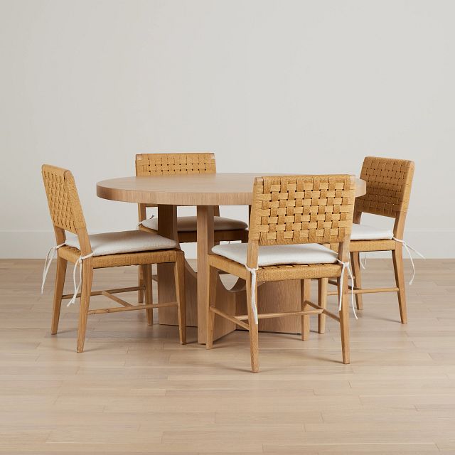 Malibu Light Tone Wood Round Table & 4 Woven Chairs
