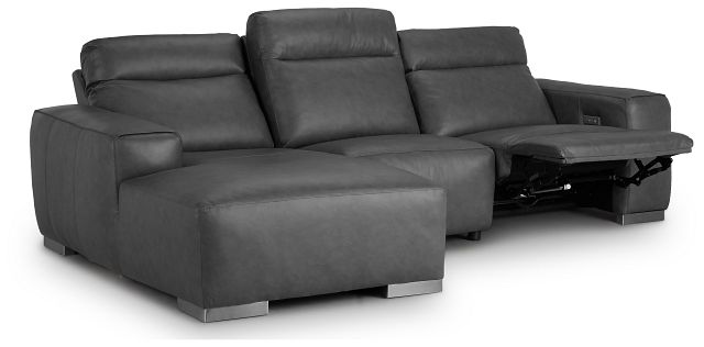 Elba Gray Leather Small Dual Power Left Chaise Sectional