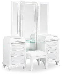 Milan White Vanity & Mirror With Stool
