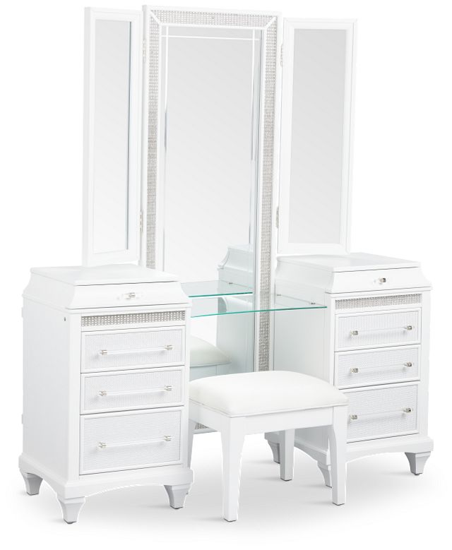 Milan White Vanity & Mirror With Stool