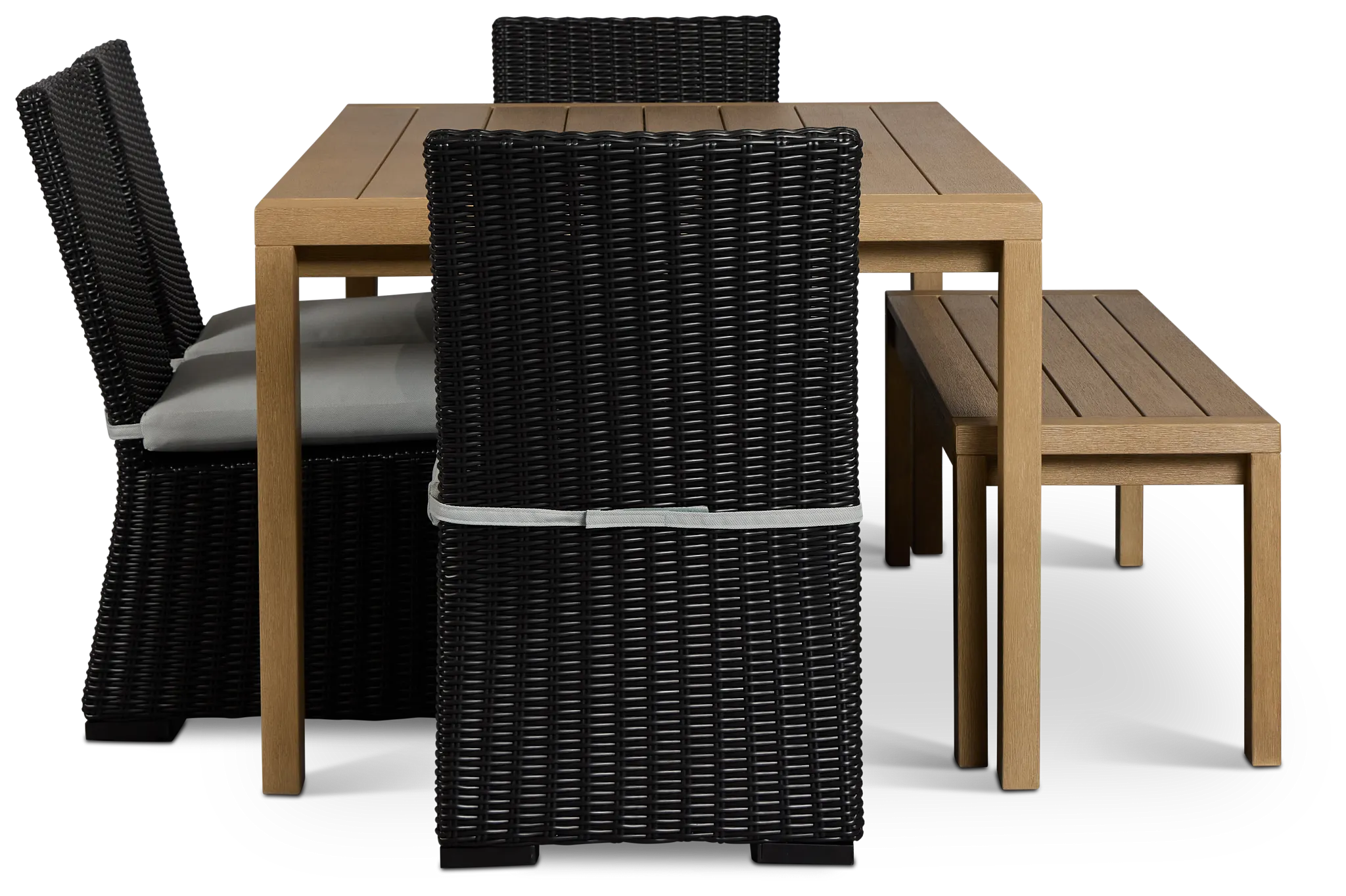 Montecito Mid Tone Table, 4 Chairs & Bench With Light Blue Cushions