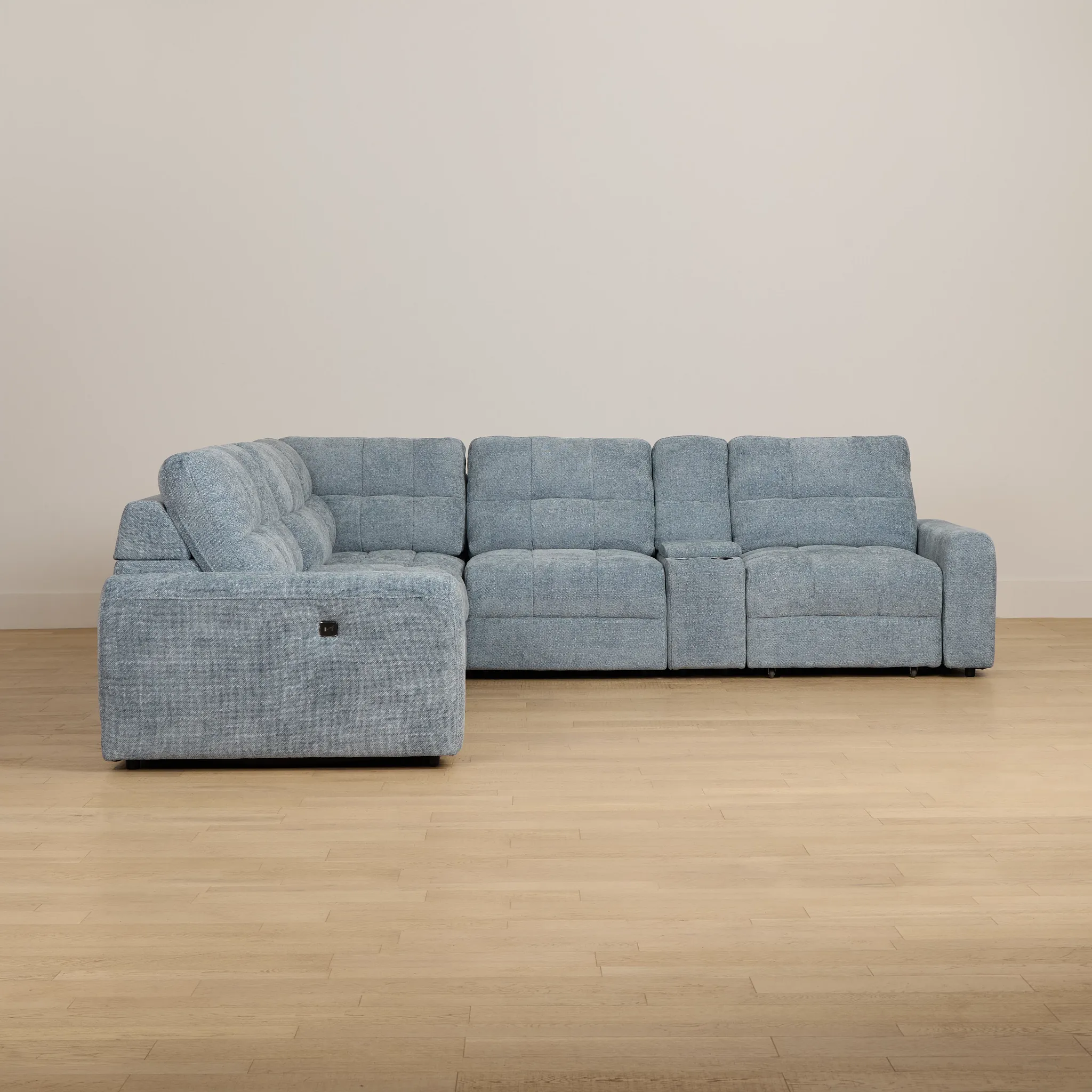 Hendrix Light Blue Fabric Large Dual Power 2 Arm Extension Chaise Sectional