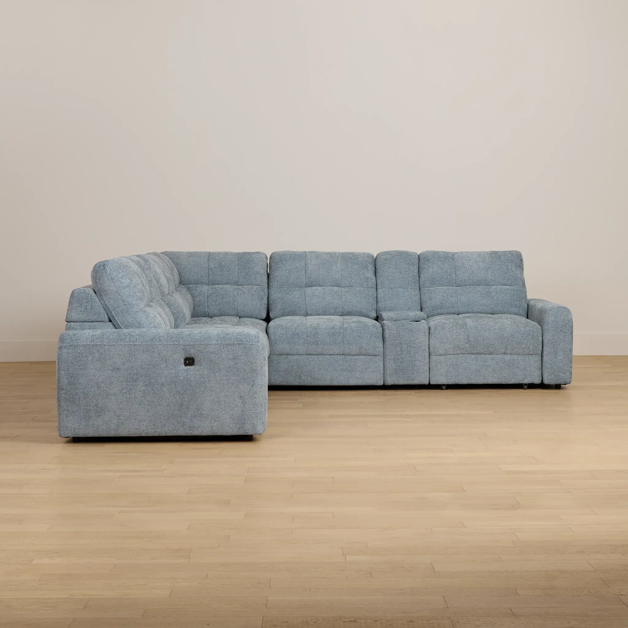 Hendrix Light Blue Fabric Large Dual Power 2 Arm Extension Chaise Sectional Hendrix Light Blue Fabric Large Dual Power 2 Arm Extension Chaise Sectional