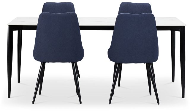 Andover White Rect Table & 4 Dark Blue Upholstered Curved Chairs