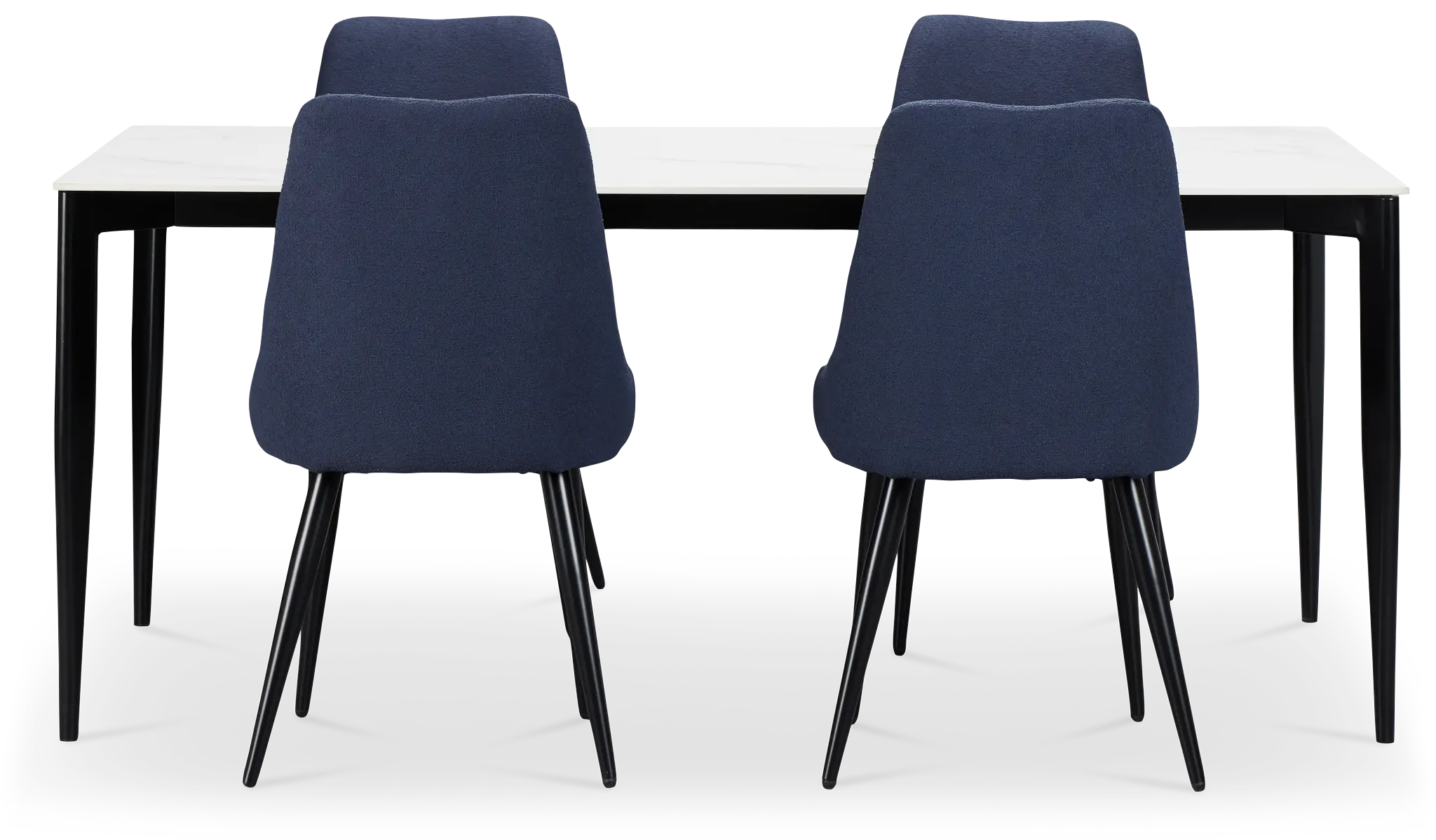Andover White Rect Table & 4 Dark Blue Upholstered Curved Chairs Andover White Rect Table & 4 Dark Blue Upholstered Curved Chairs
