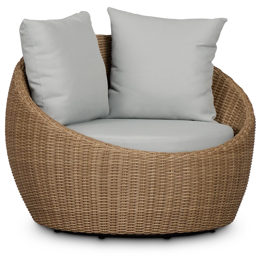 Montecito Light Tone Curved Swivel Chair With Light Blue Cushions