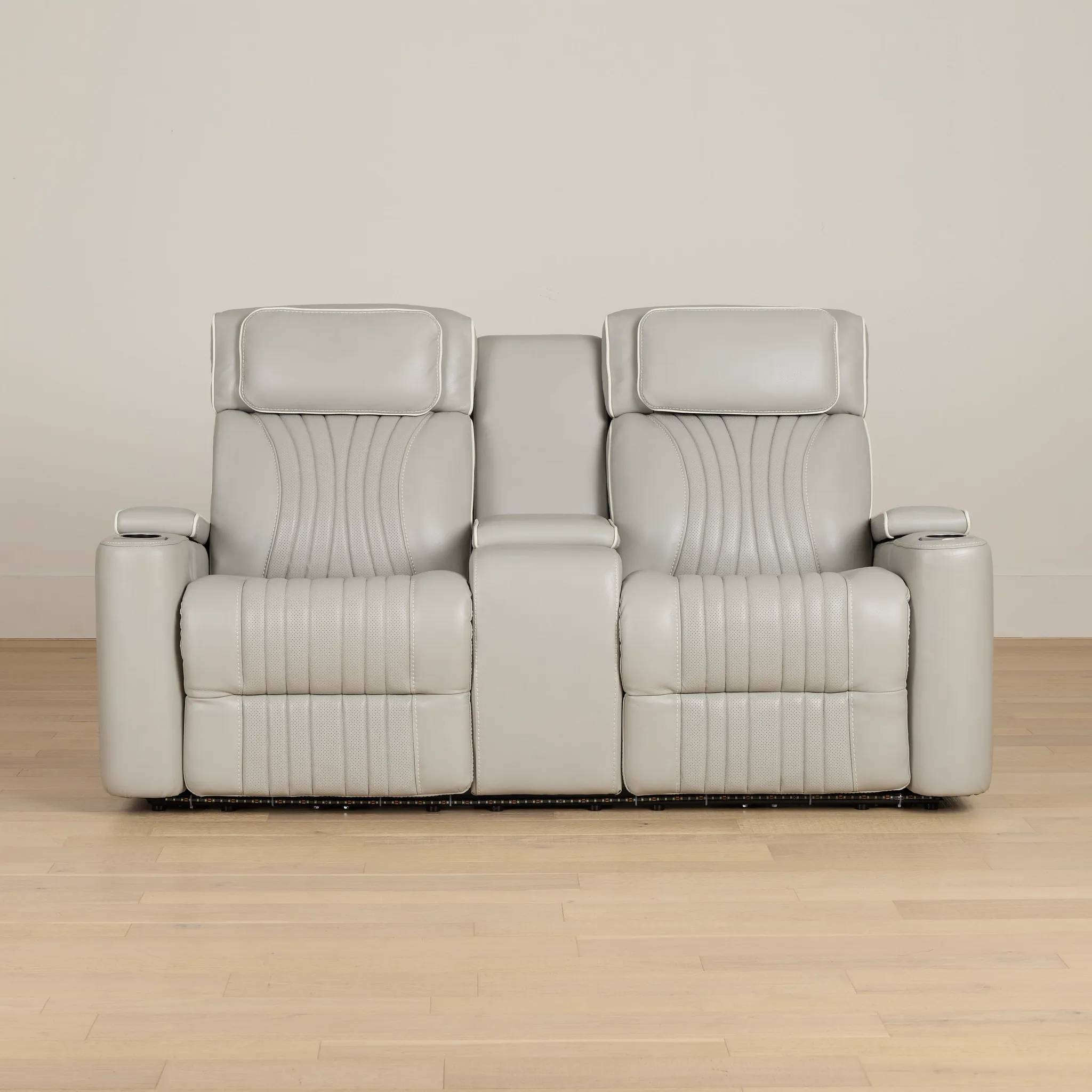 Nova Light Gray Lthr/vinyl Power Reclining Console Loveseat W/ Massage