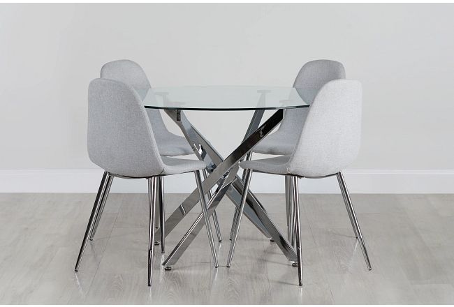 Havana Chrome Lt Gray Round Table & 4 Upholstered Chairs