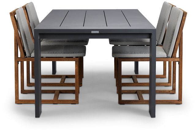 Linear Dark Gray 87" Aluminum Table & 4 Teak Cushioned Side Chairs