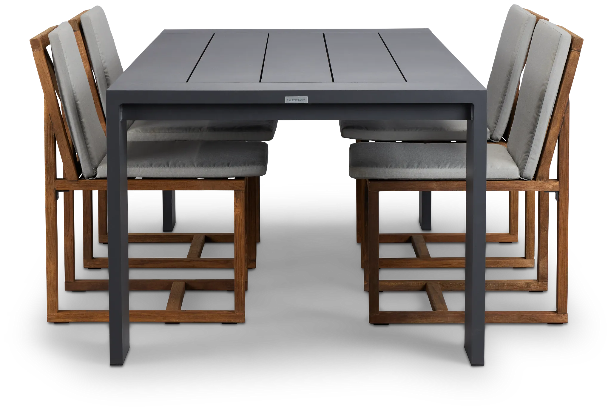 Linear Dark Gray 87" Aluminum Table & 4 Teak Cushioned Side Chairs