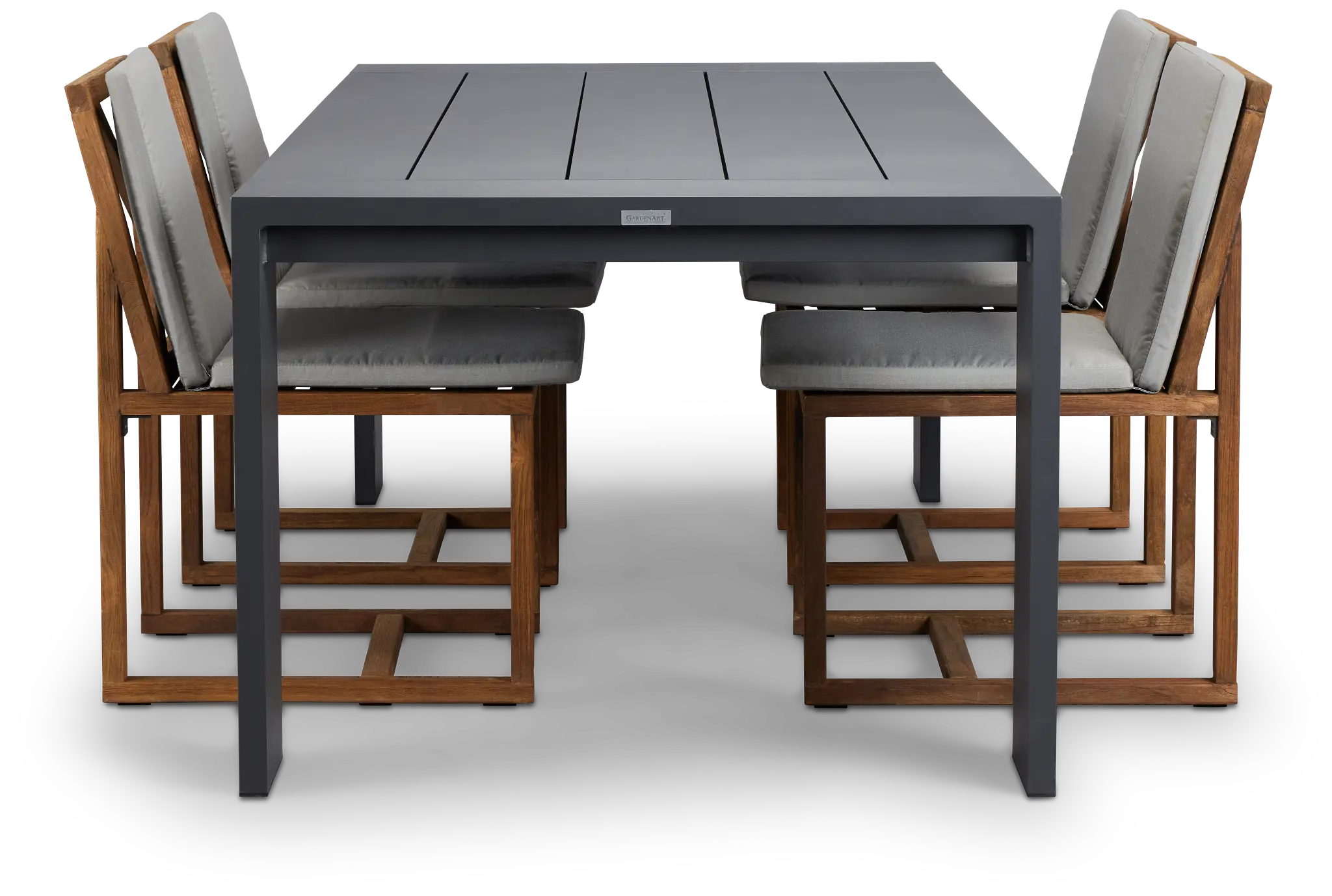 Linear Dark Gray 87" Aluminum Table & 4 Teak Cushioned Side Chairs Linear Dark Gray 87" Aluminum Table & 4 Teak Cushioned Side Chairs