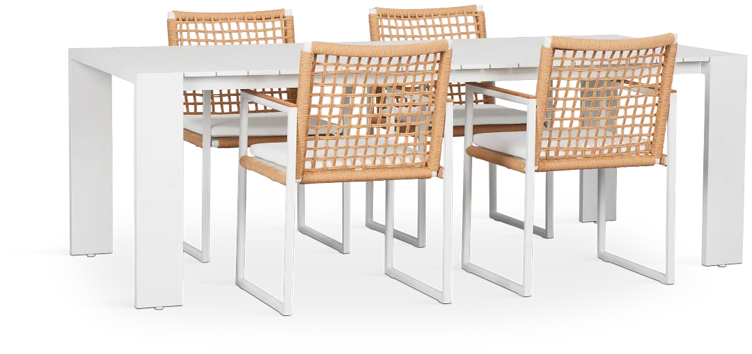 Sunrise White 86" Rectangular Table & 4 Teak Arm Chairs