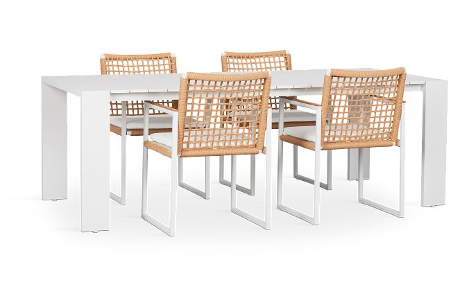 Sunrise White 86" Rectangular Table & 4 Teak Arm Chairs