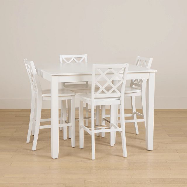 Edgartown White Square High Table & 4 White Wood Barstools