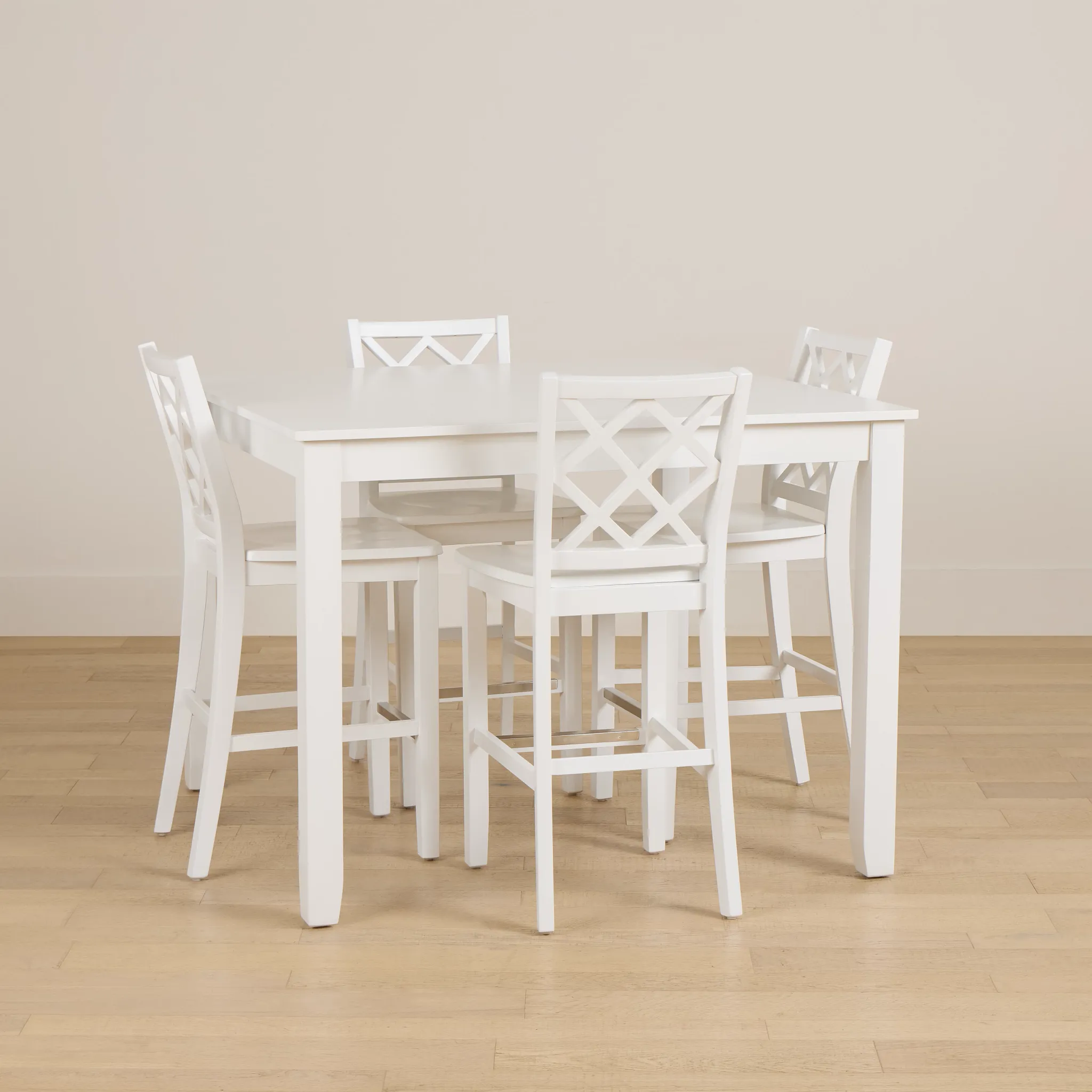 Edgartown White Square High Table & 4 White Wood Barstools