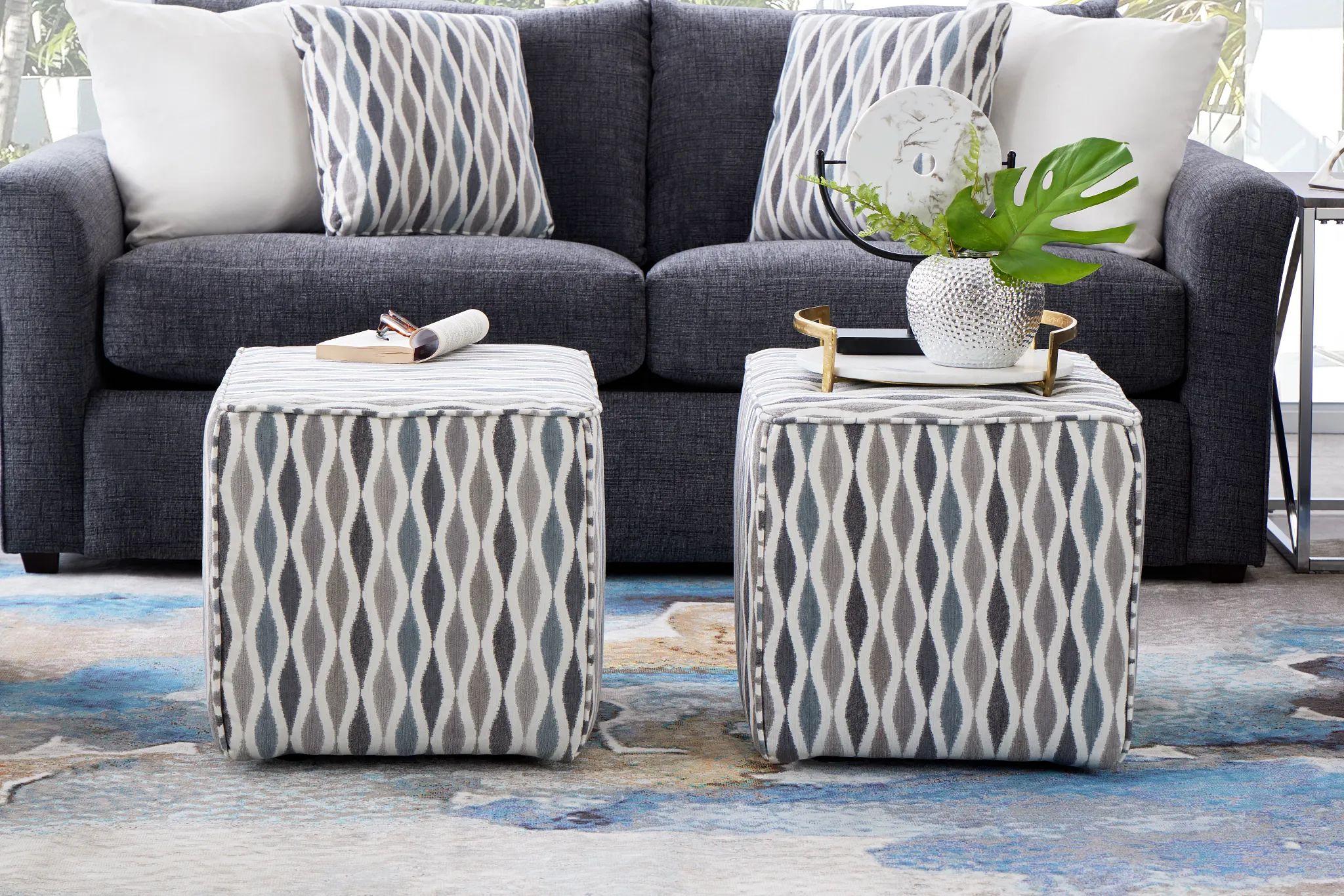 Ohgee Blue Fabric Accent Pouf