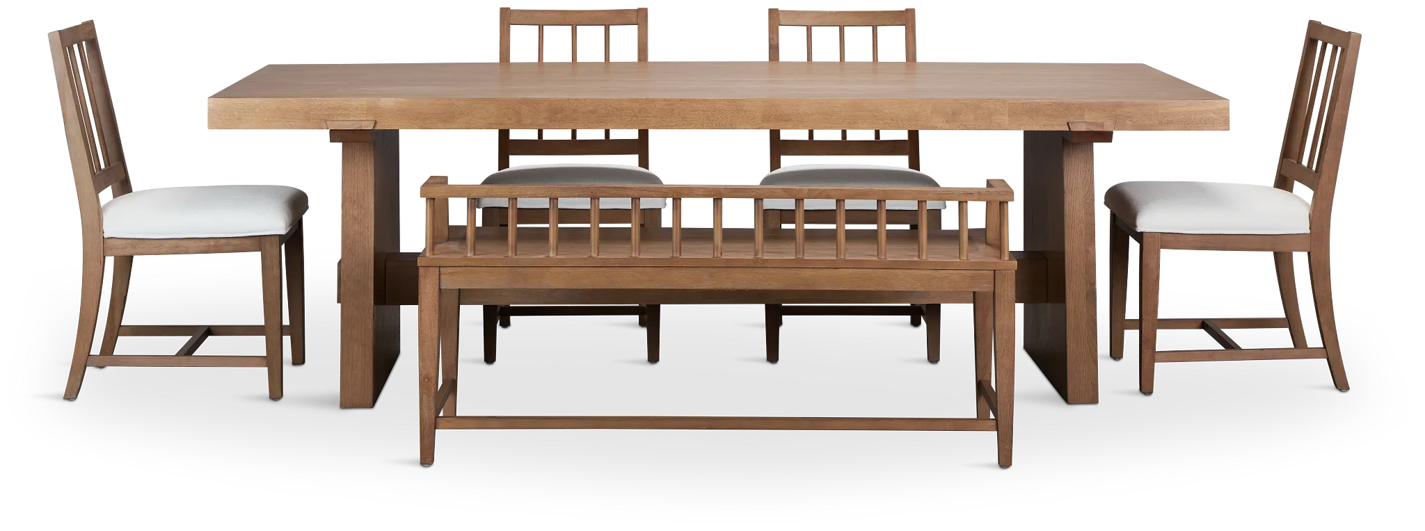 Provo Mid Tone Trestle Table, 4 White Chairs & Bench