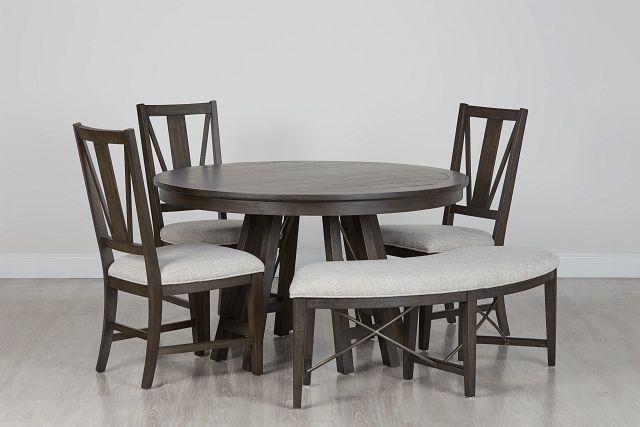 Heron Cove Dark Tone Round Table, 3 Chairs & Bench