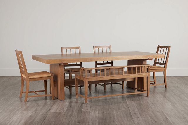 Provo Mid Tone Trestle Table, 4 Woven Chairs & Bench