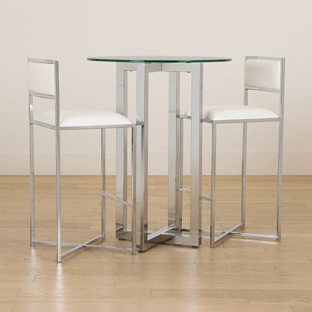 Amalfi White Glass Pub Table & 2 Metal Barstools