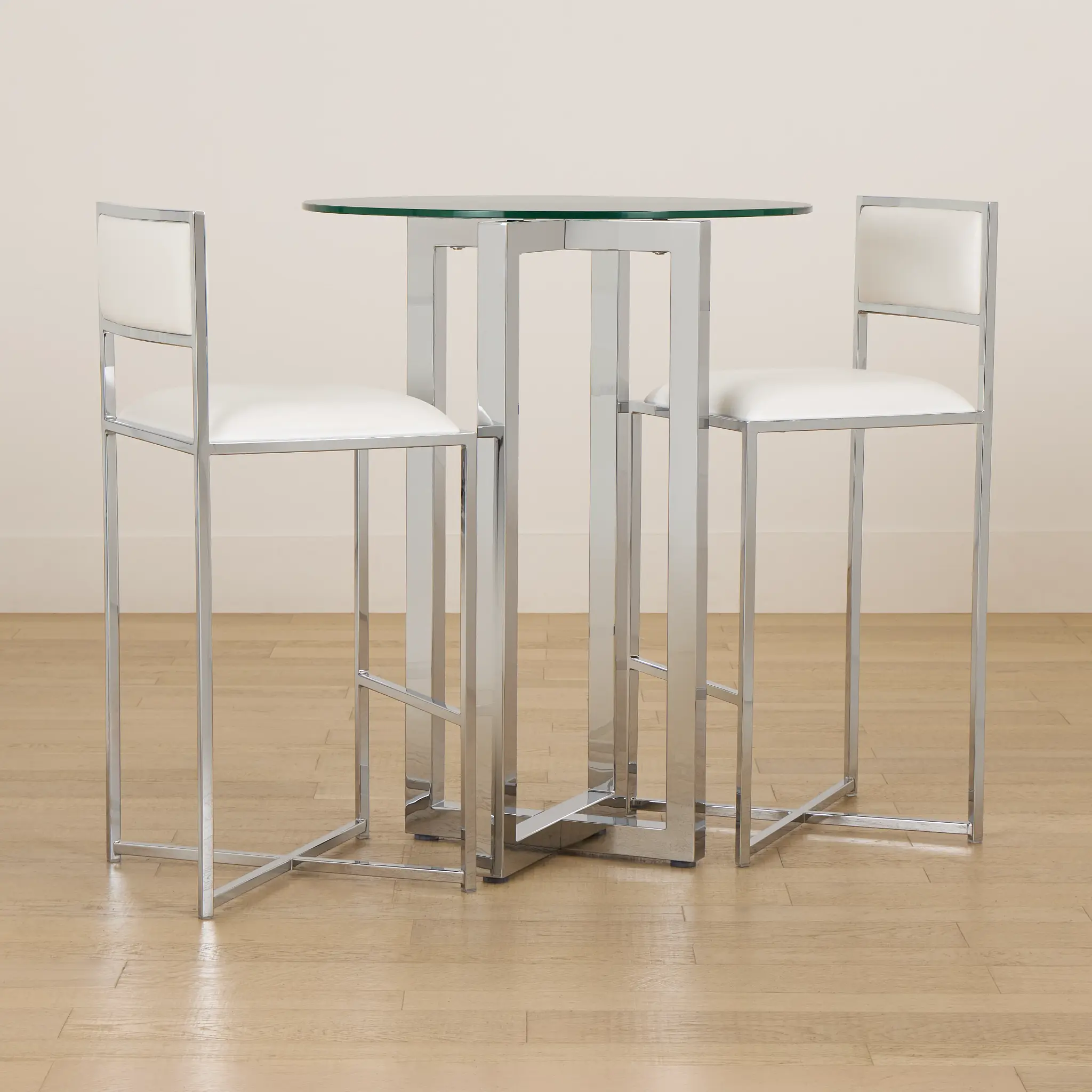 Amalfi White Glass Pub Table & 2 Metal Barstools Amalfi White Glass Pub Table & 2 Metal Barstools