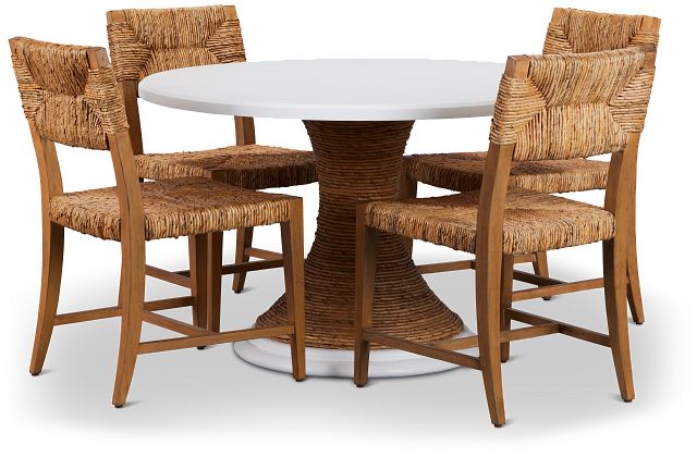 Boca Grande White Mid Tone Round Table & 4 Woven Chairs (1)