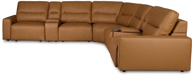 Rudy Brown Lthr/vinyl Large Dual Power 2 Arm Extension Chaise Sectional