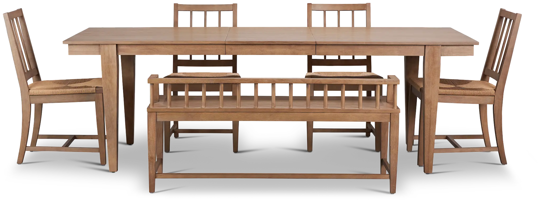 Provo Mid Tone Rect Table, 4 Woven Chairs & Bench Provo Mid Tone Rect Table, 4 Woven Chairs & Bench