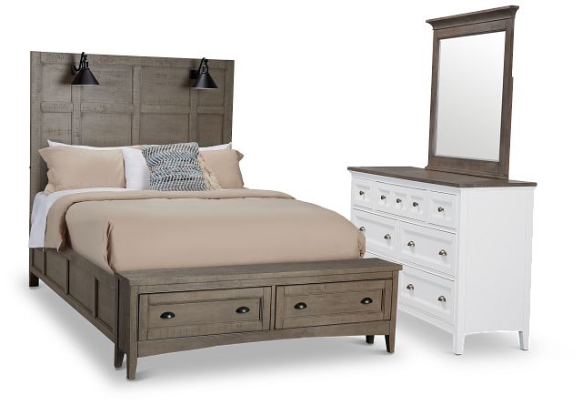 Heron Cove Light Tone Lighted Panel Bench Bedroom With Two-tone Cases