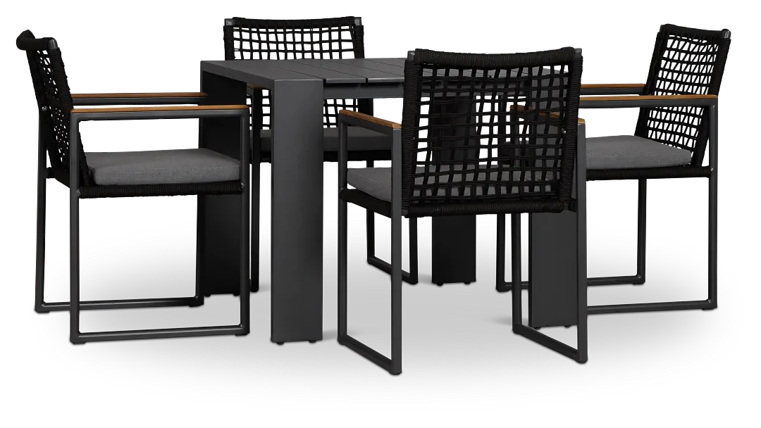 Sunrise Dark Gray 35" Square Table & 4 Teak Arm Chairs