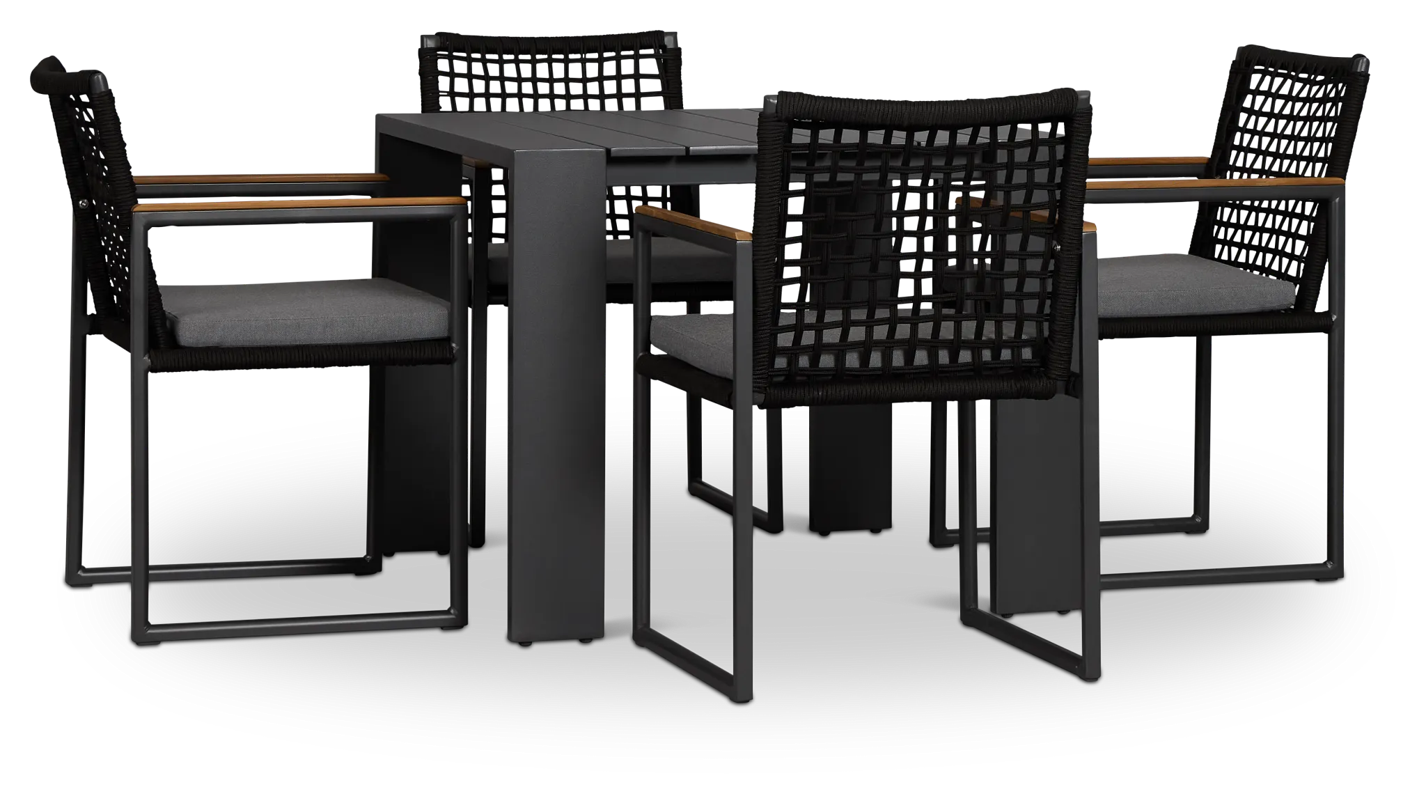 Sunrise Dark Gray 35" Square Table & 4 Teak Arm Chairs