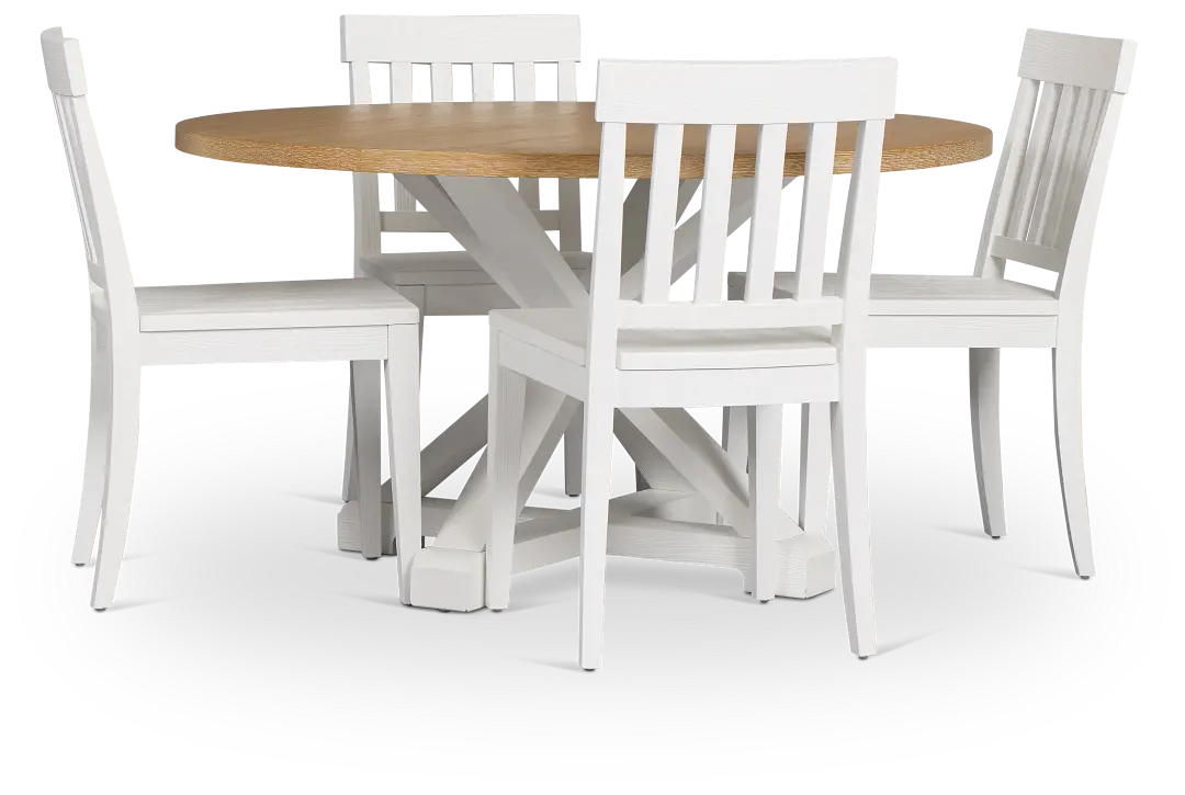 Nantucket Two-tone Pine Round Table & 4 White Chairs Nantucket Two-tone Pine Round Table & 4 White Chairs