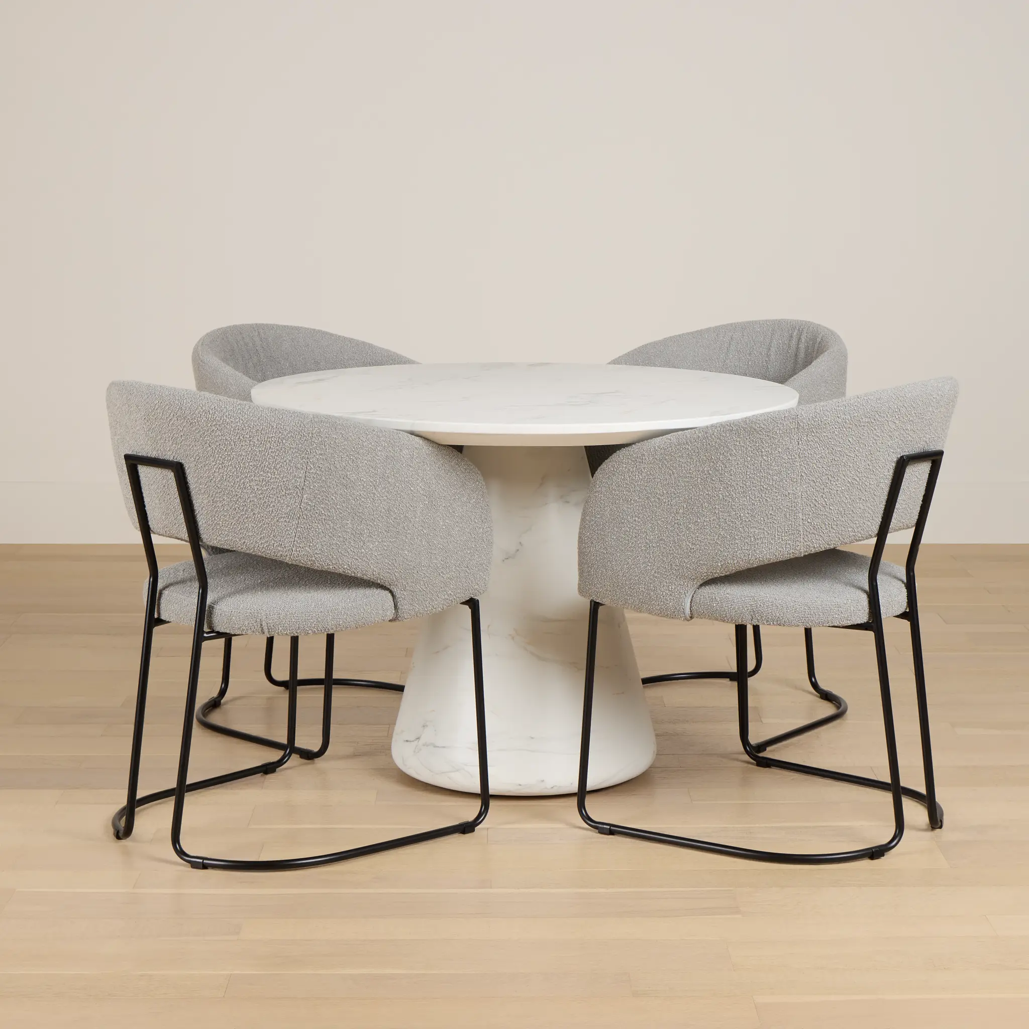 Merrick White Round Table With 4 Gray Upholstered Side Chairs Merrick White Round Table With 4 Gray Upholstered Side Chairs