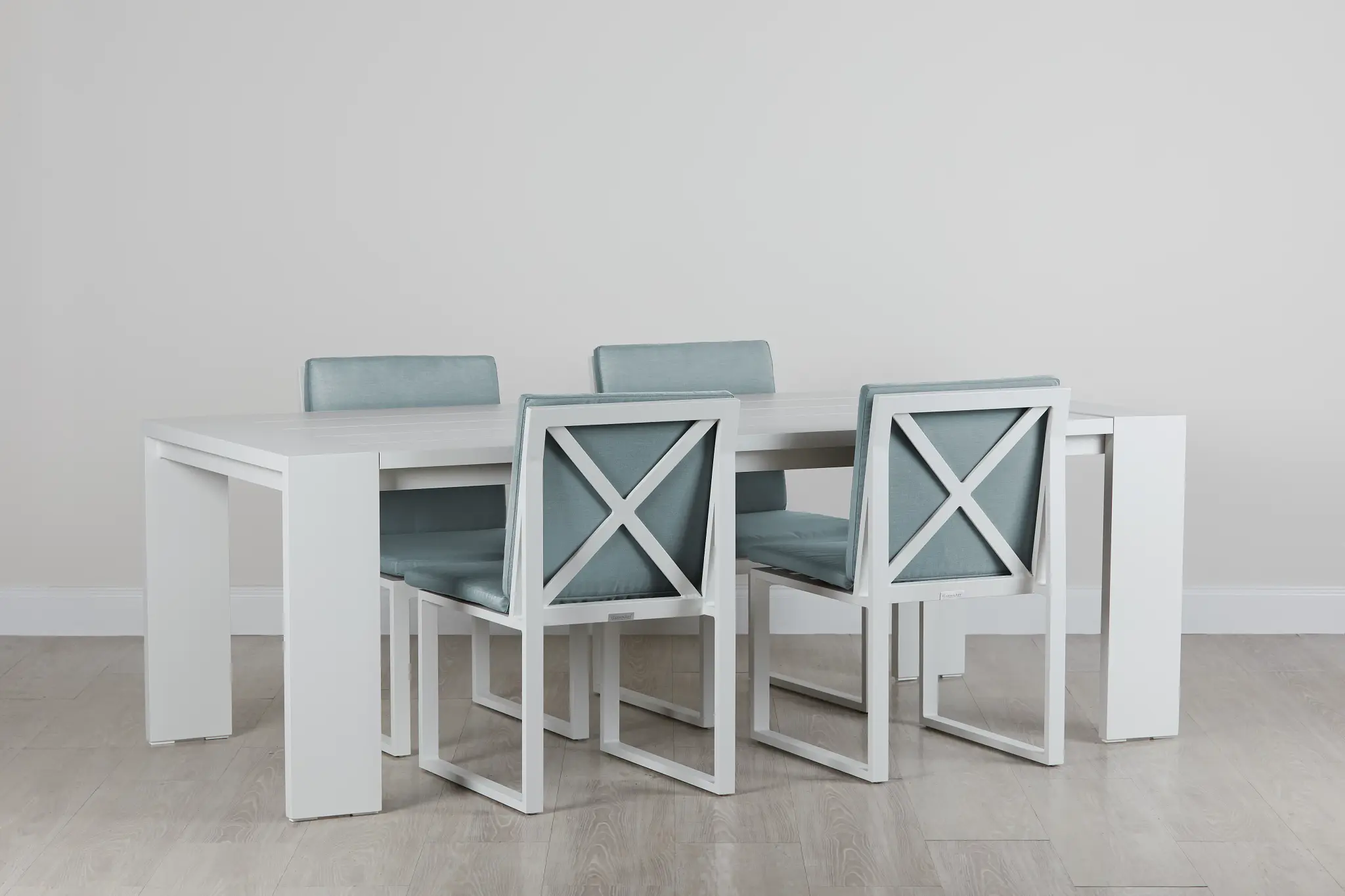Linear White Teal 87" Aluminum Table & 4 Cushioned Side Chairs Linear White Teal 87" Aluminum Table & 4 Cushioned Side Chairs