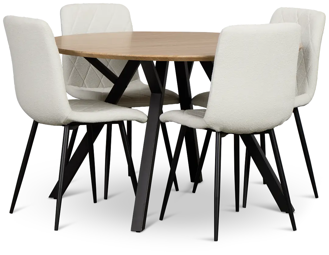 Lynden Light Tone Round Table & 4 White Upholstered Side Chairs Lynden Light Tone Round Table & 4 White Upholstered Side Chairs