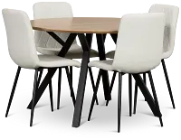 Lynden Light Tone Round Table & 4 White Upholstered Side Chairs