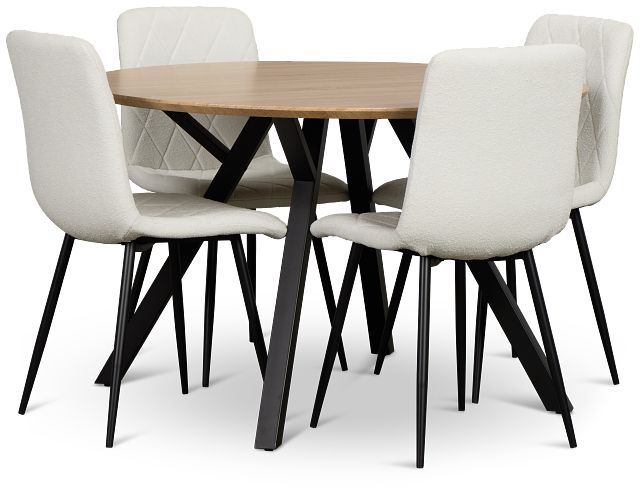 Lynden Light Tone Round Table & 4 White Upholstered Side Chairs