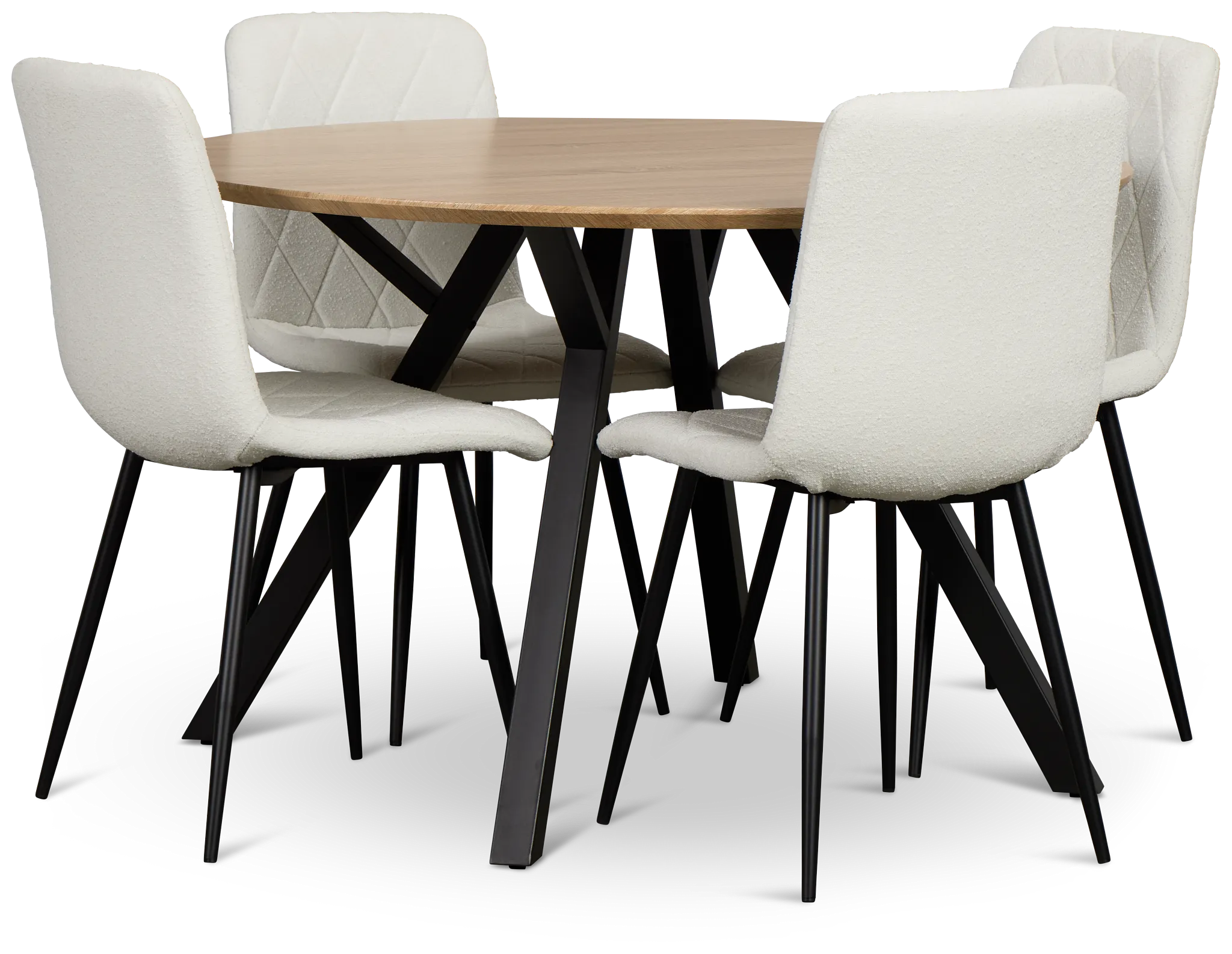 Lynden Light Tone Round Table & 4 White Upholstered Side Chairs