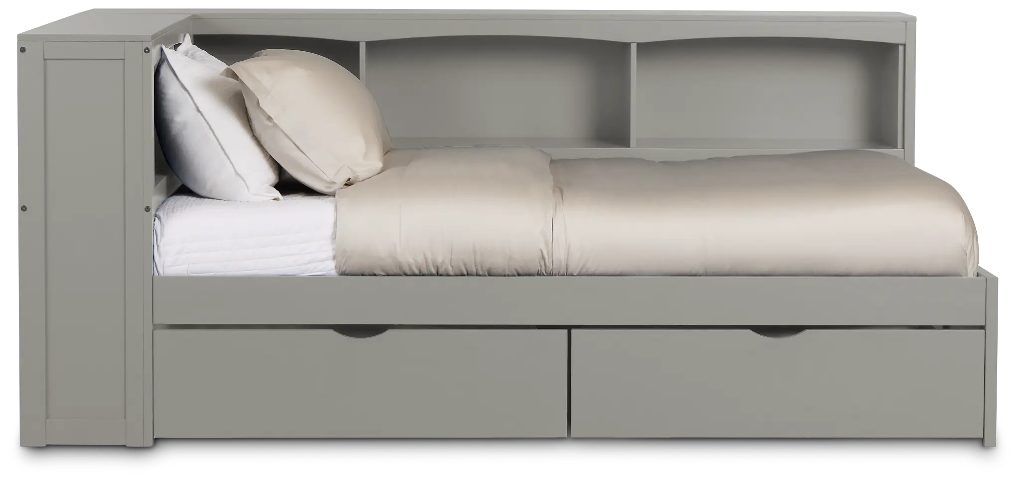 Charleston Gray Corner Bookcase Bed With 2 Storage Drawers Charleston Gray Corner Bookcase Bed With 2 Storage Drawers