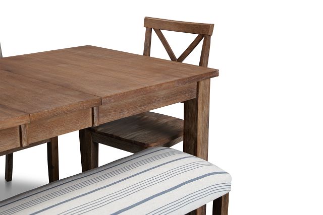 Woodstock Light Tone Wood Table, 4 Chairs & Bench