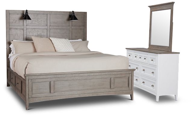Heron Cove Light Tone Storage Panel Lighted Bedroom With Two-tone Cases