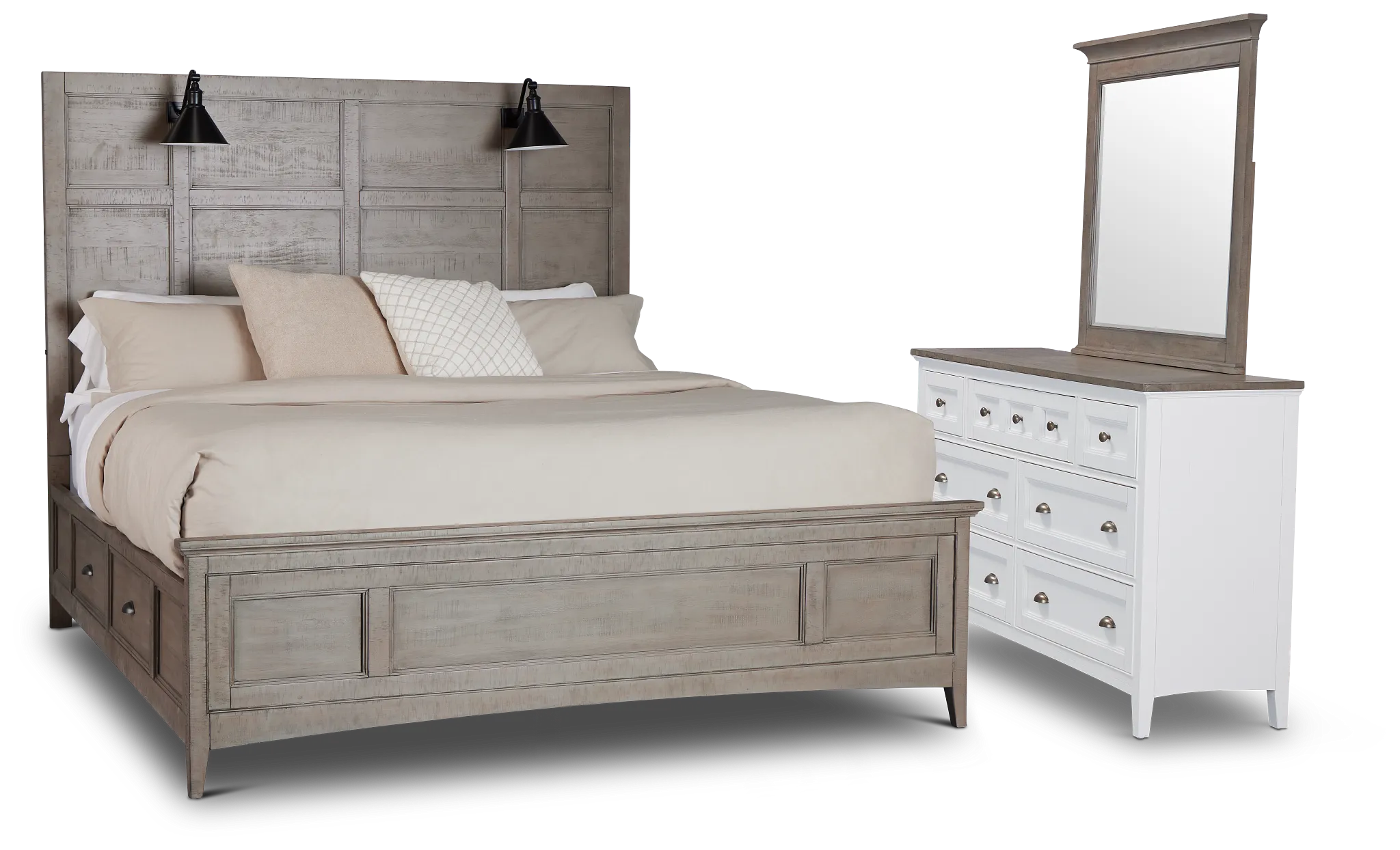 Heron Cove Light Tone Storage Panel Lighted Bedroom With Two-tone Cases