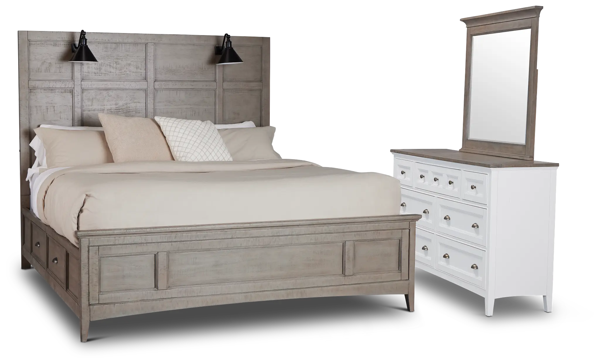 Heron Cove Light Tone Storage Panel Lighted Bedroom With Two-tone Cases Heron Cove Light Tone Storage Panel Lighted Bedroom With Two-tone Cases