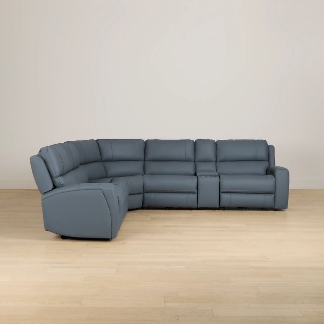Summit Blue Lthr/vinyl Medium Triple Power 2-arm Sectional