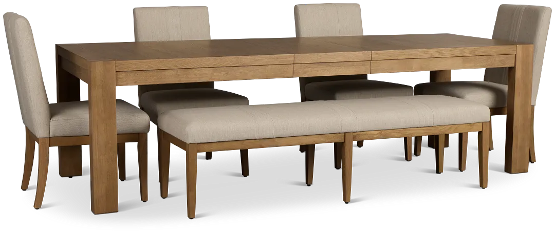 Tahoe Light Tone Rect Table With 4 Upholstered Side Chairs & Bench