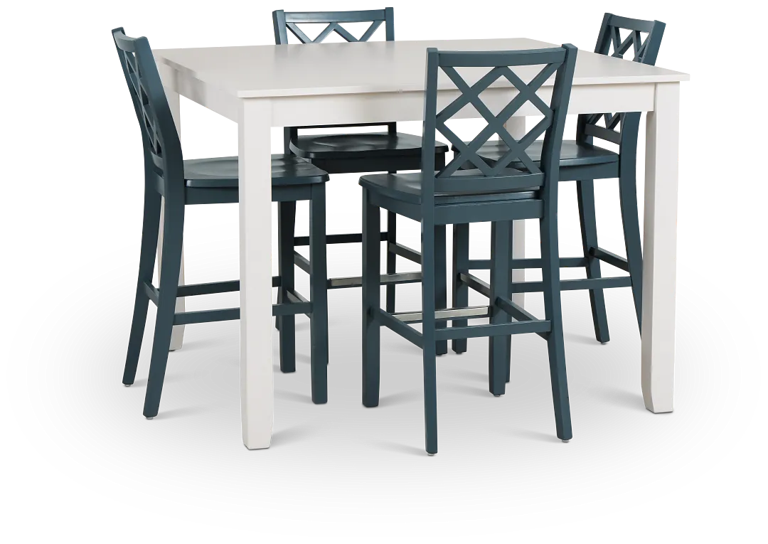 Edgartown White Square High Table & 4 Navy Wood Barstools