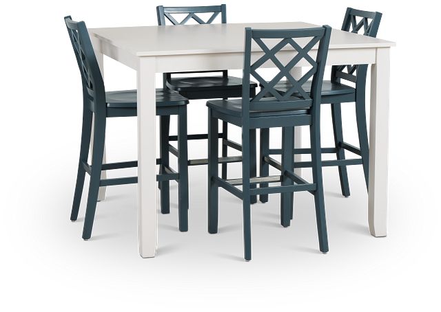 Edgartown White Square High Table & 4 Navy Wood Barstools