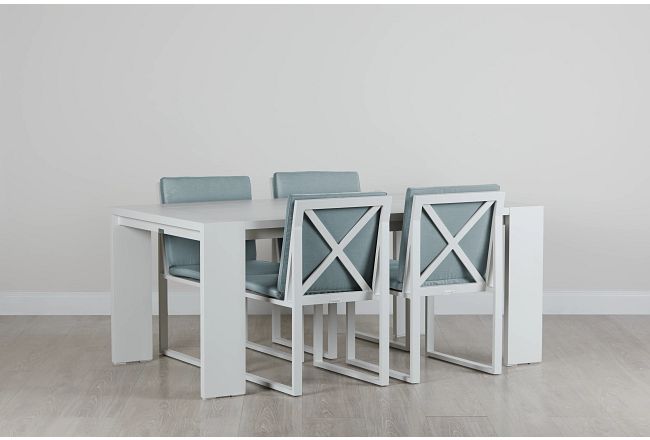 Linear White Teal 70" Aluminum Table & 4 Cushioned Side Chairs