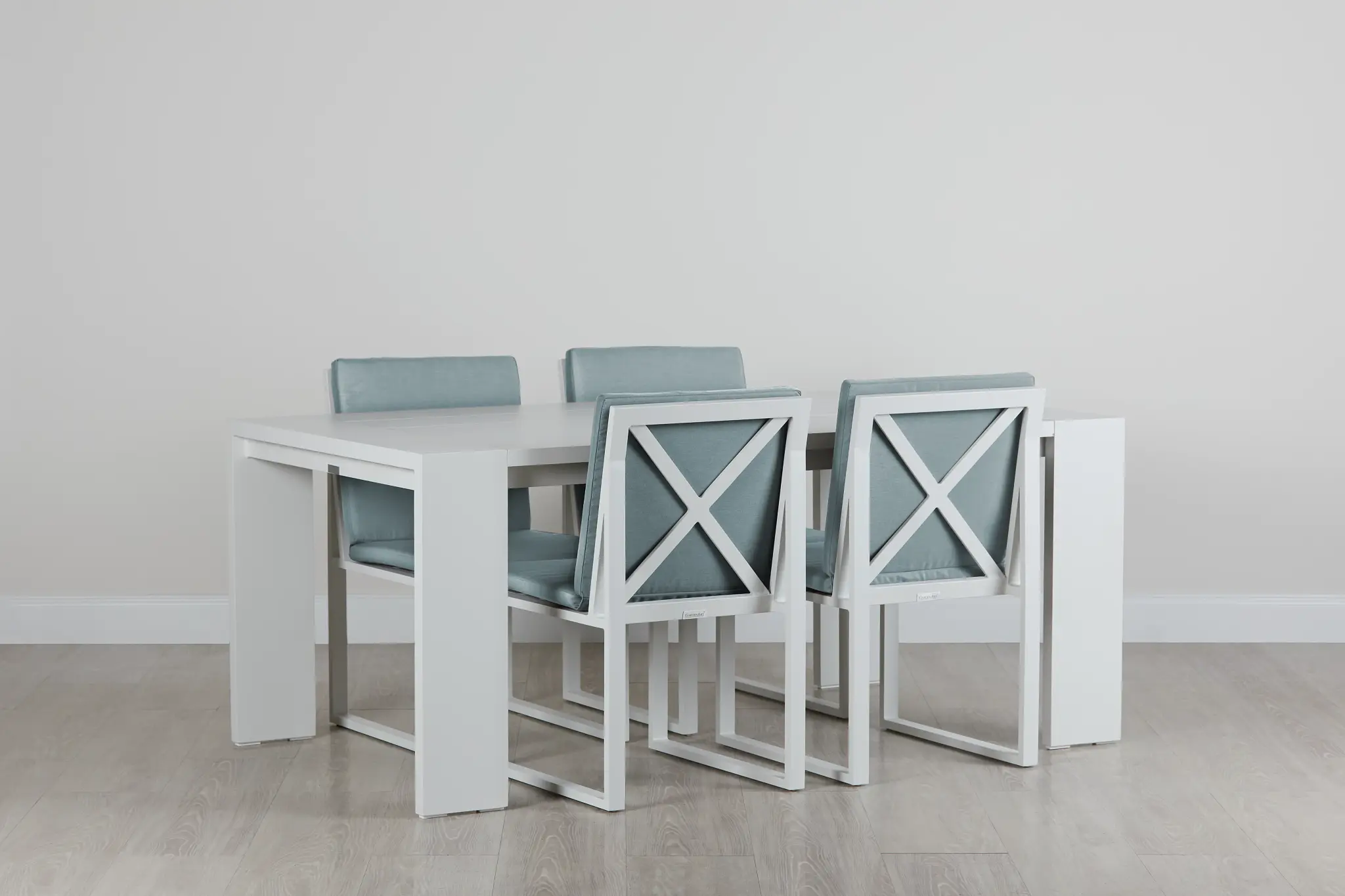 Linear White Teal 70" Aluminum Table & 4 Cushioned Side Chairs Linear White Teal 70" Aluminum Table & 4 Cushioned Side Chairs